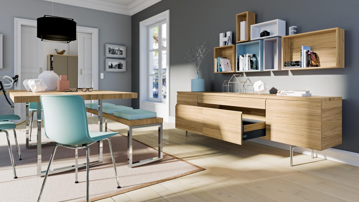 Esszimmerimpression in Holz-Türkis-Kombination, Sideboard und Sitzbank mit akzentuierter grauer Wandgestaltung